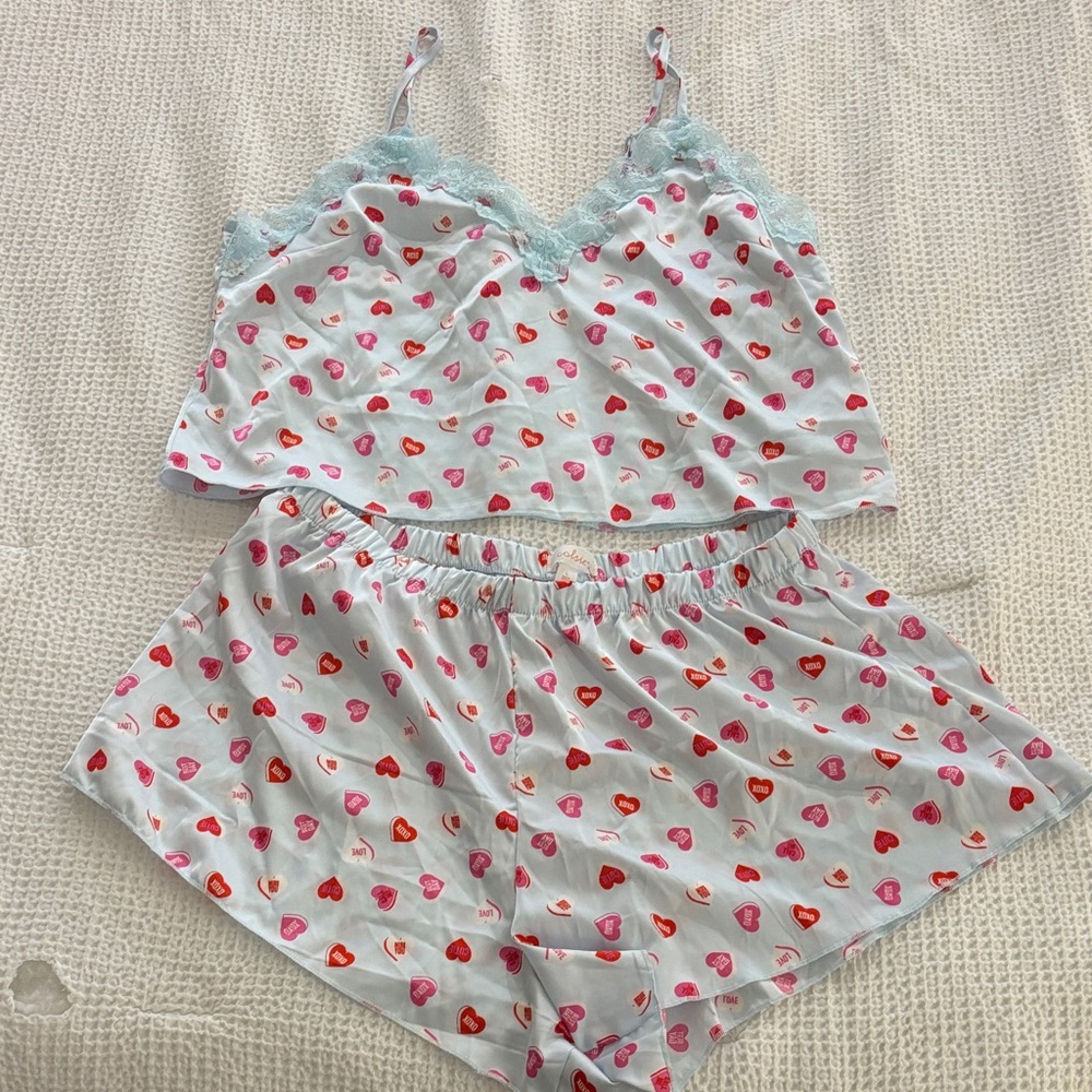 Colsie Heart Print Women's Pajama Set - White, Red, and Pink